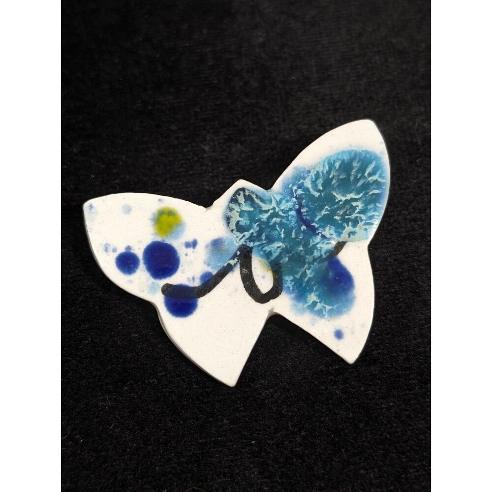 Vintage‎ Handmade Ceramic Butterfly Artisan Brooch Blue White